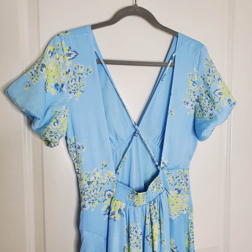 Free People Revolve Laura Blue Floral Print Satin Strappy Open Back Midi Dress - Picture 7 of 12